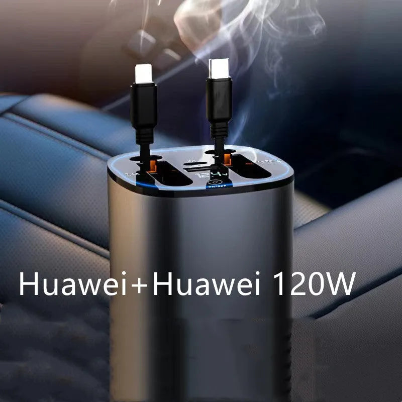 Automatic retractable car charger plugged into a vehicle cigarette lighter socket with extended cable.