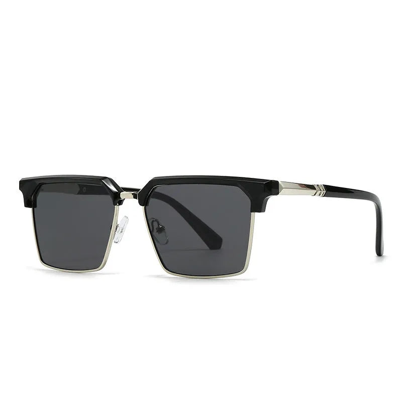 Men's square plastic sunglasses in six colour options on a white background.