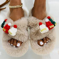 Women's Christmas slippers with a hat decoration, in faux plush, available in black, khaki, and white.