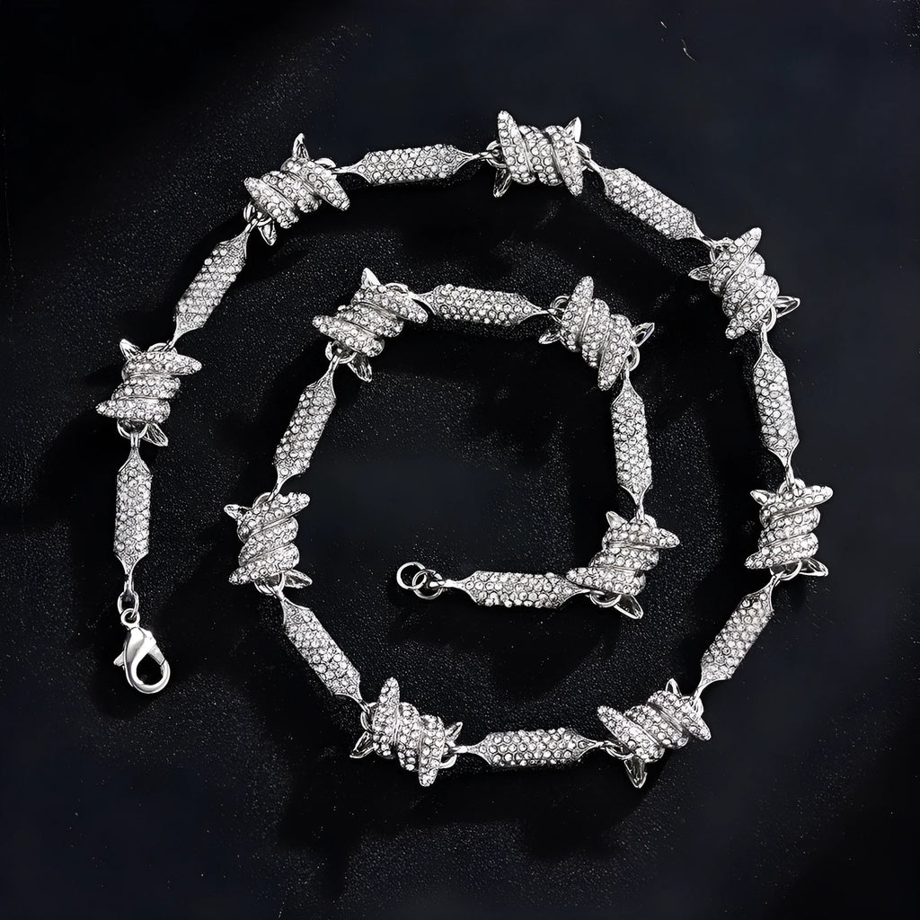 Irregular 3D solid alloy Cuban chain bracelet and necklace in silver and gold, unisex hip hop style, on dark background