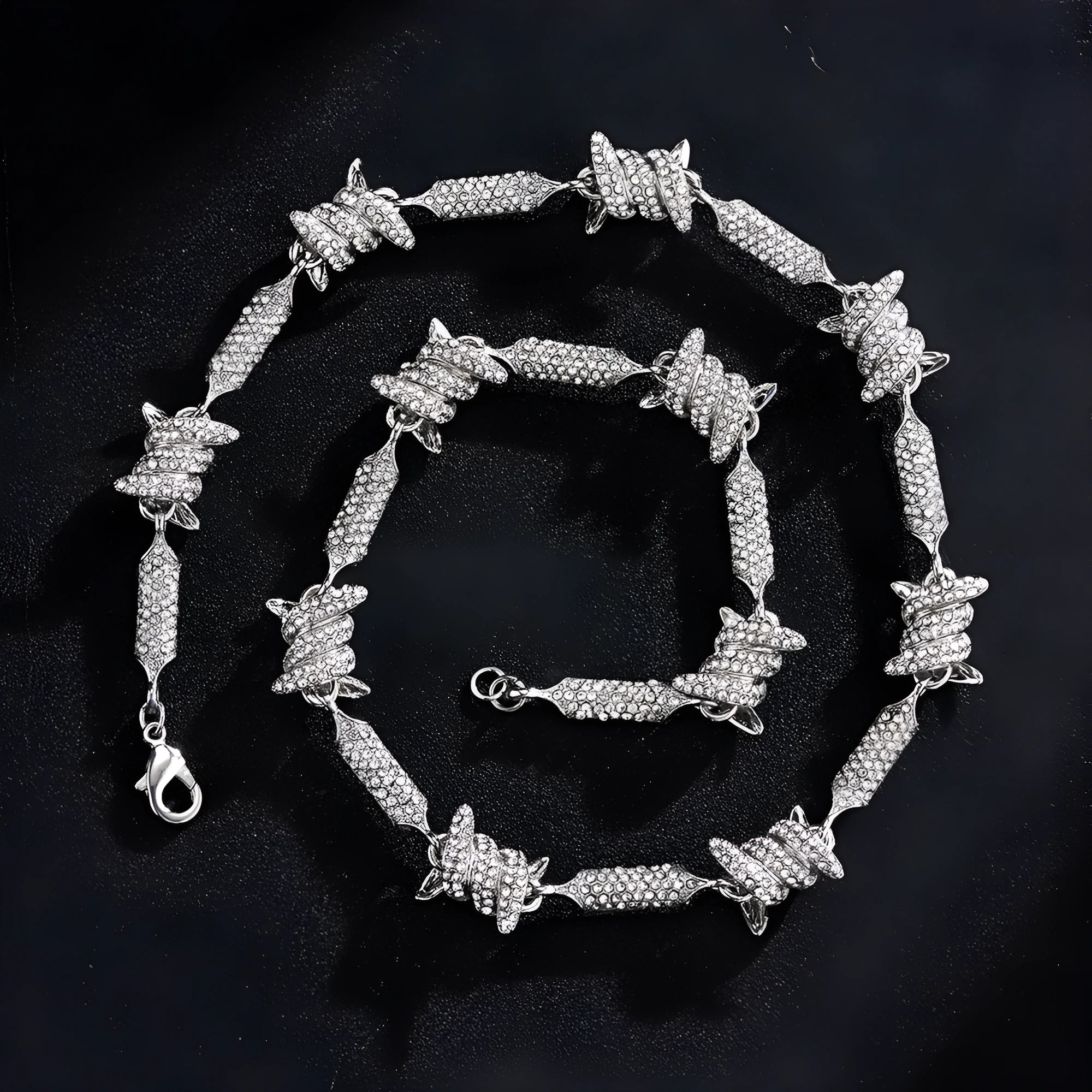 Irregular 3D solid alloy Cuban chain bracelet and necklace in silver and gold, unisex hip hop style, on dark background
