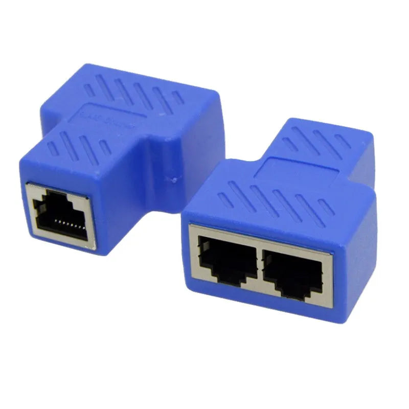 RJ45 network cable splitter adapter in white, yellow, red, blue, and black colours