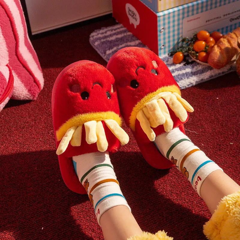 Pair of cotton slippers with suede upper, cartoon French fries print, and EVA sole for indoor use