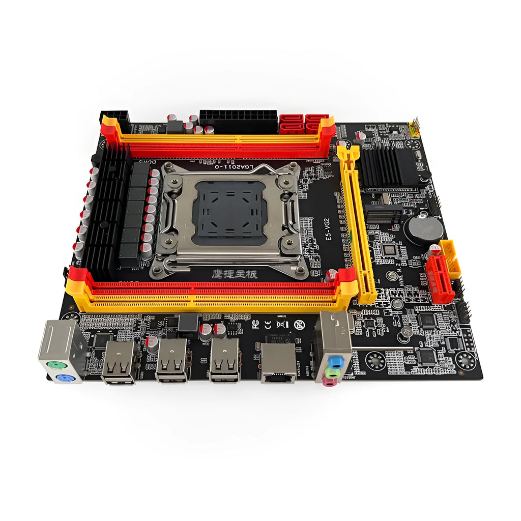 X79-VG2 desktop motherboard with LGA 2011 socket, DDR3 slots, PCIe x16 slot, and rear I/O ports.