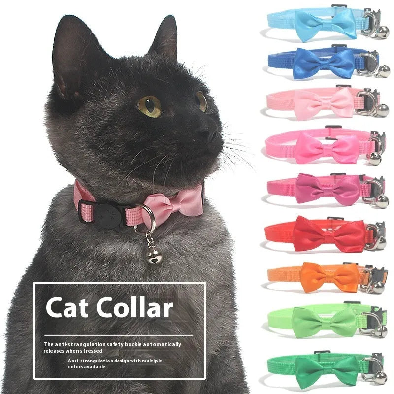 Striped adjustable nylon cat collar with bell in multiple bright colour options
