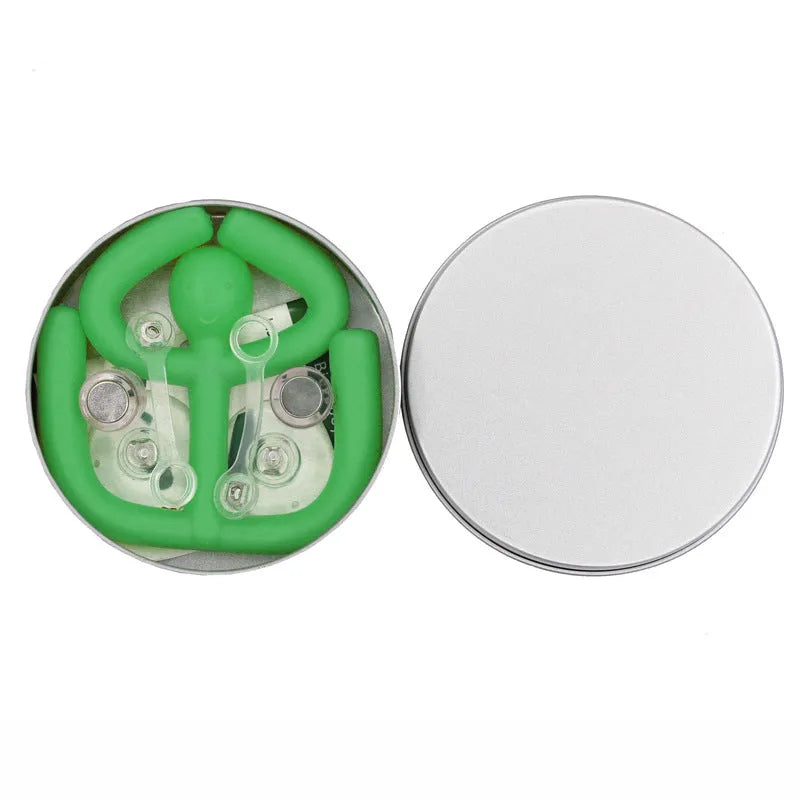 Green plastic decompression toy figure in iron box with reject anxiety text, for desk decoration and stress relief