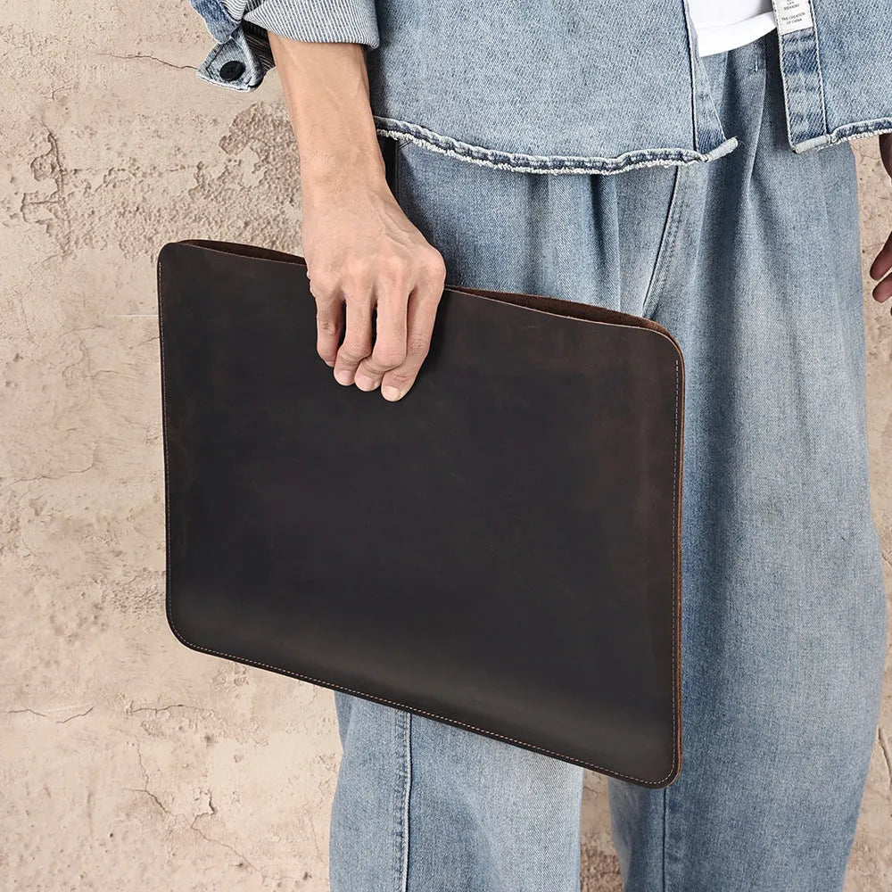 Brown crazy horse leather horizontal computer liner bag with cowhide lining