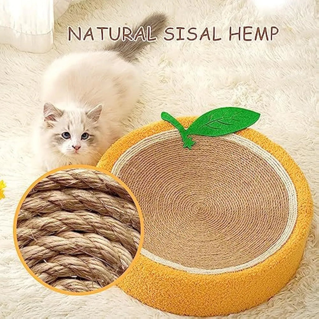 Round orange sisal cat scratching board with concave centre serving as both scratching surface and sleeping bed