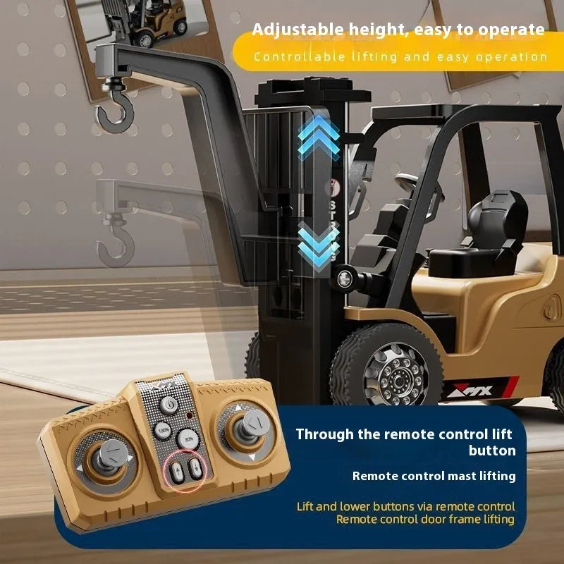 Mini alloy remote control forklift model with pallet and cargo hook accessories on 1:64 scale