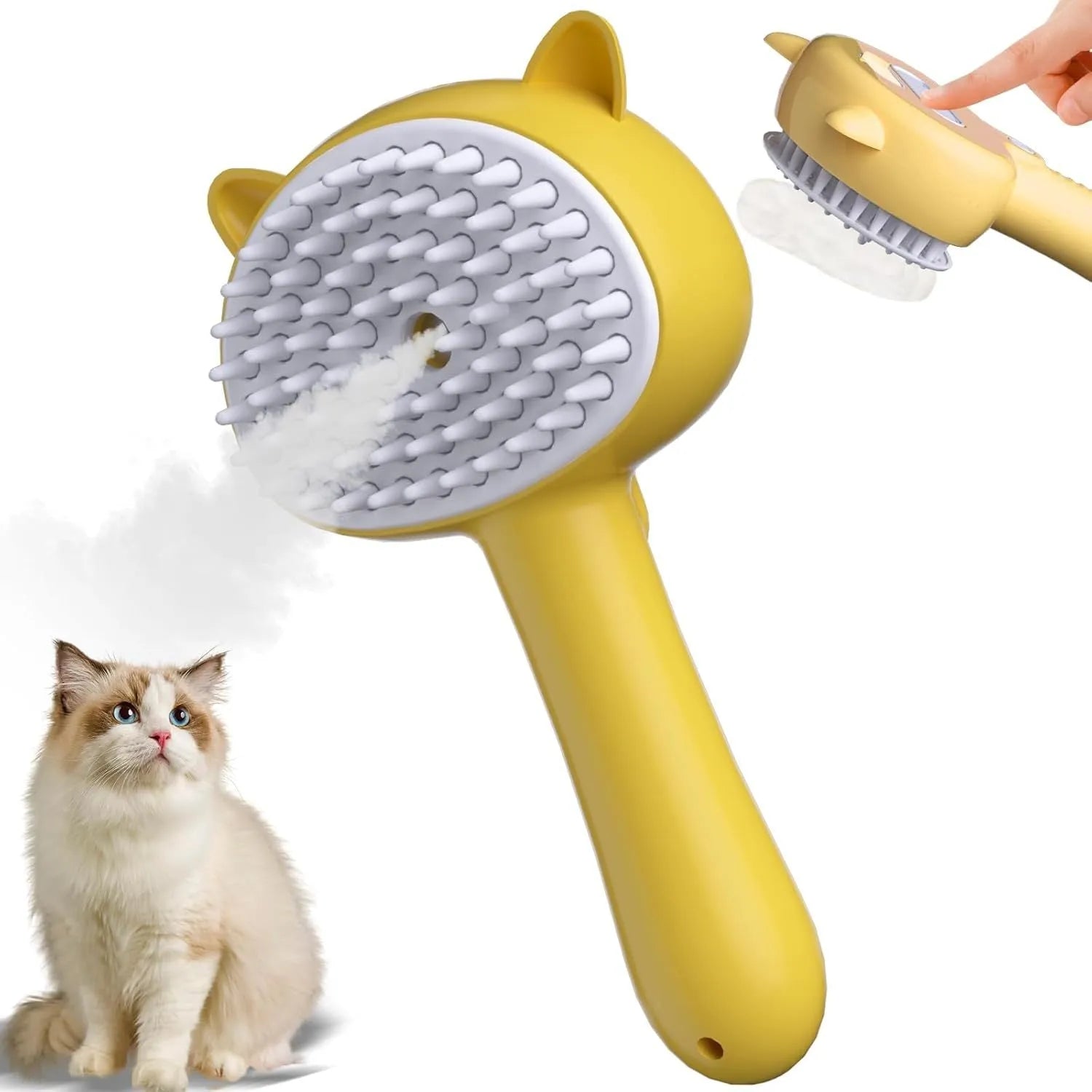 Cat steam brush with blue handle, rubber bristles, and release button for pet grooming