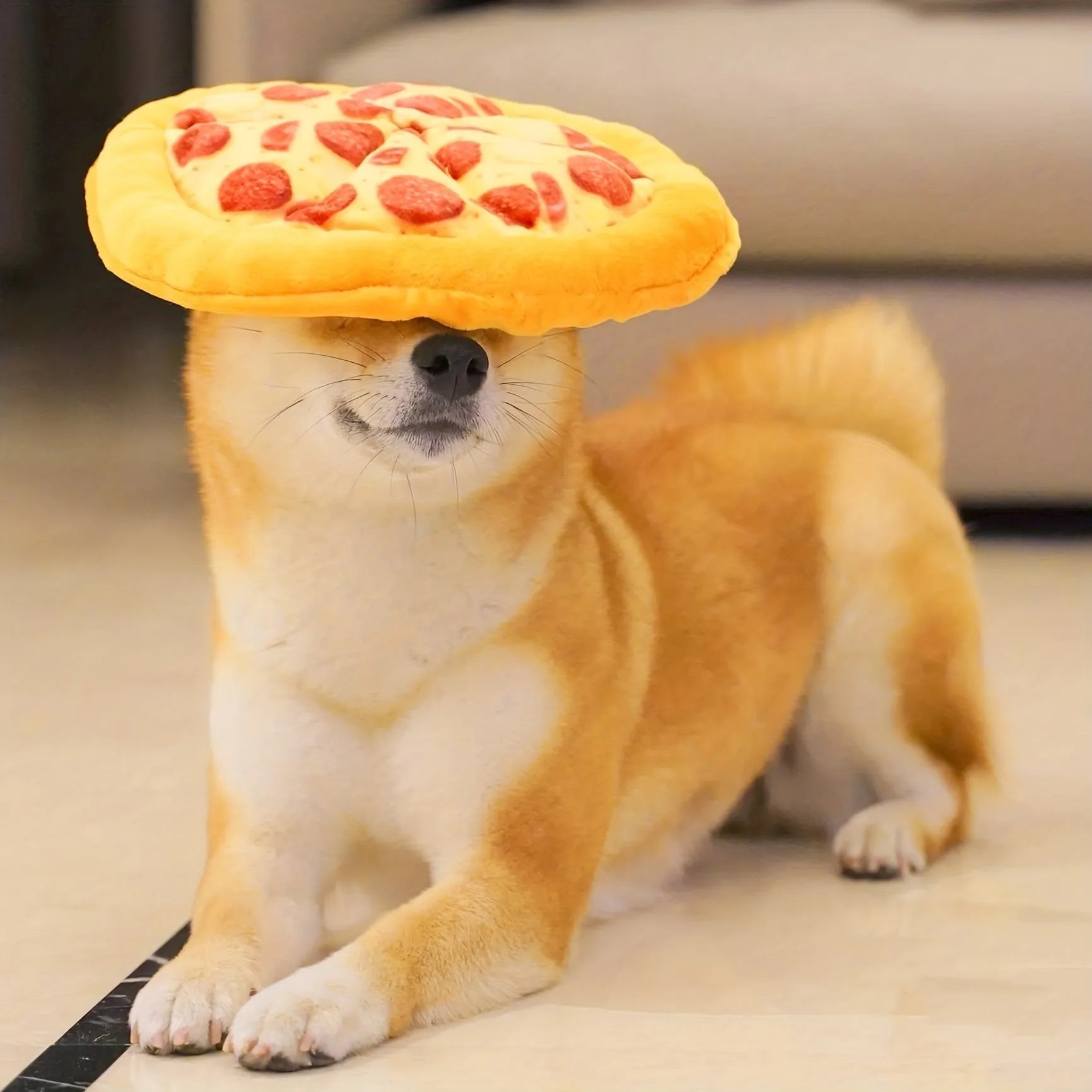 Yellow teddy bear dog chew toy holding a pizza slice with a squeaker inside.