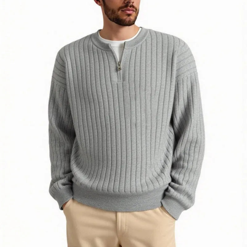 Men's grey half-zip texture knit sweater with loose fit and long sleeves