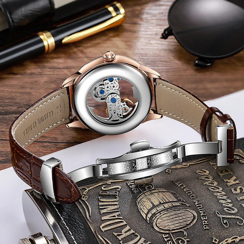 Men's rose gold stainless steel mechanical watch with business dial and onion crown.