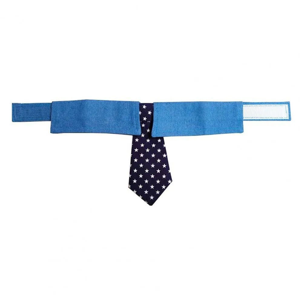Blue denim dog collar with a star-patterned black bow tie, shown on a mannequin.