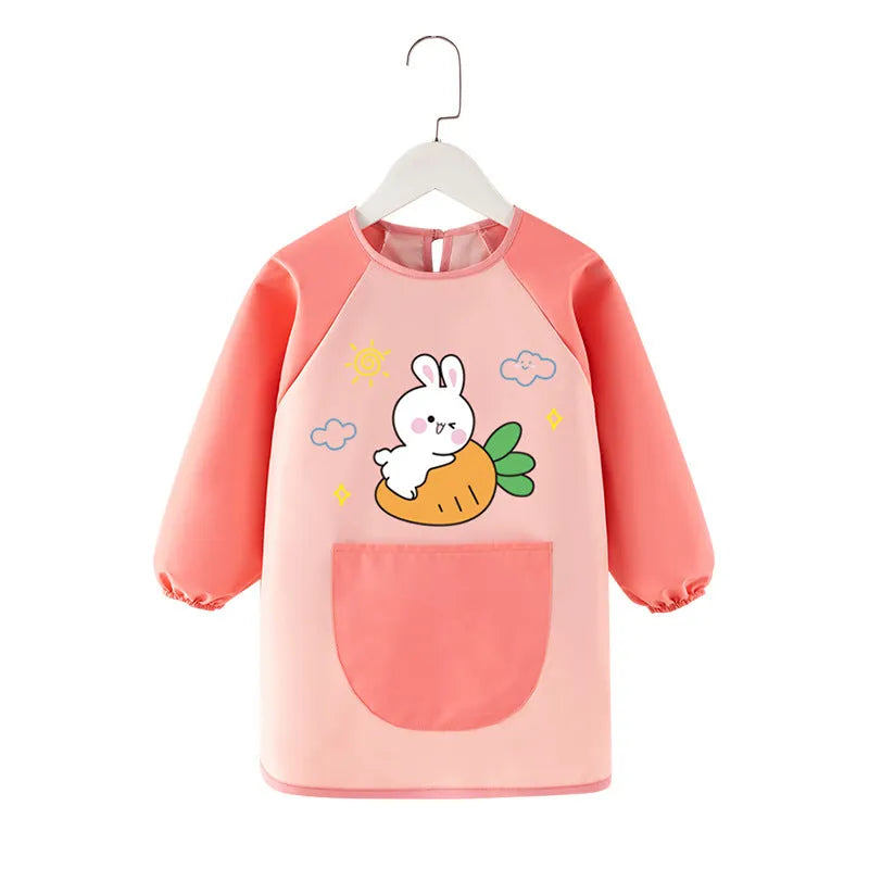 Children's waterproof painting apron with cartoon design in pink rabbit pattern, polyester fabric, inside-out style