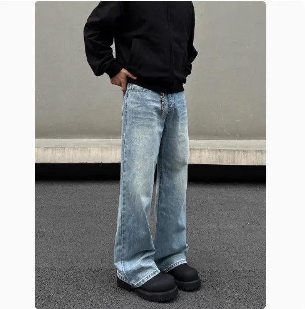 Men's blue straight leg jeans with whisker washing and flared leg style on medium-high waist