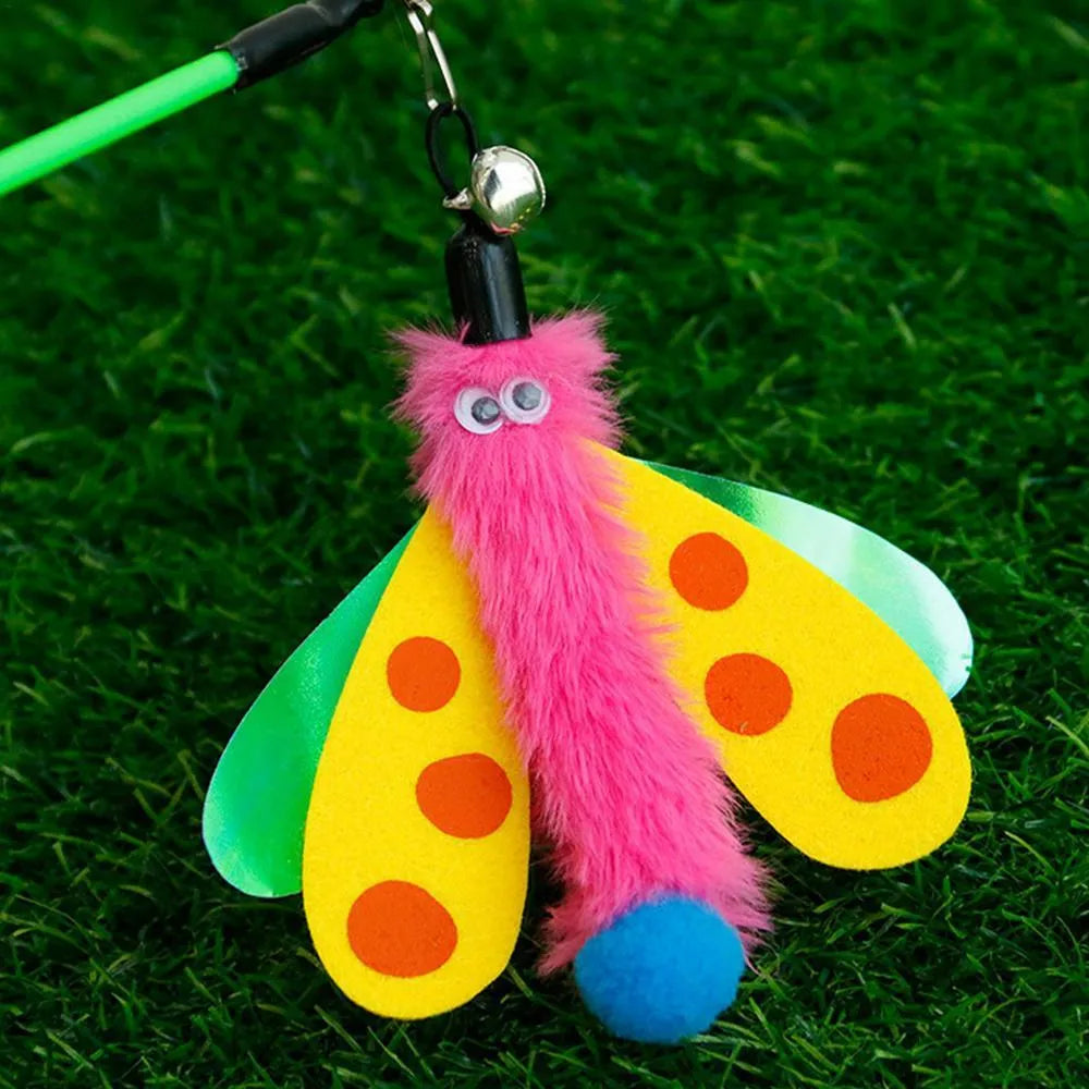 Blue cat wand toy with a dragonfly-shaped attachment and bell on a 49cm stick