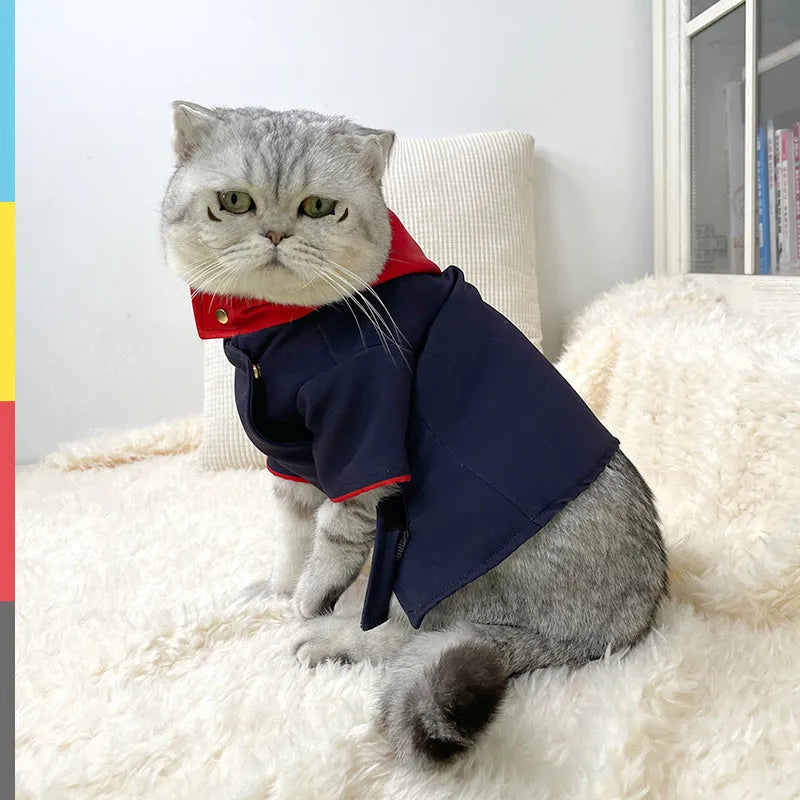 Tiger Staff Yuren patterned hoodie garment on a cat or dog for photography.