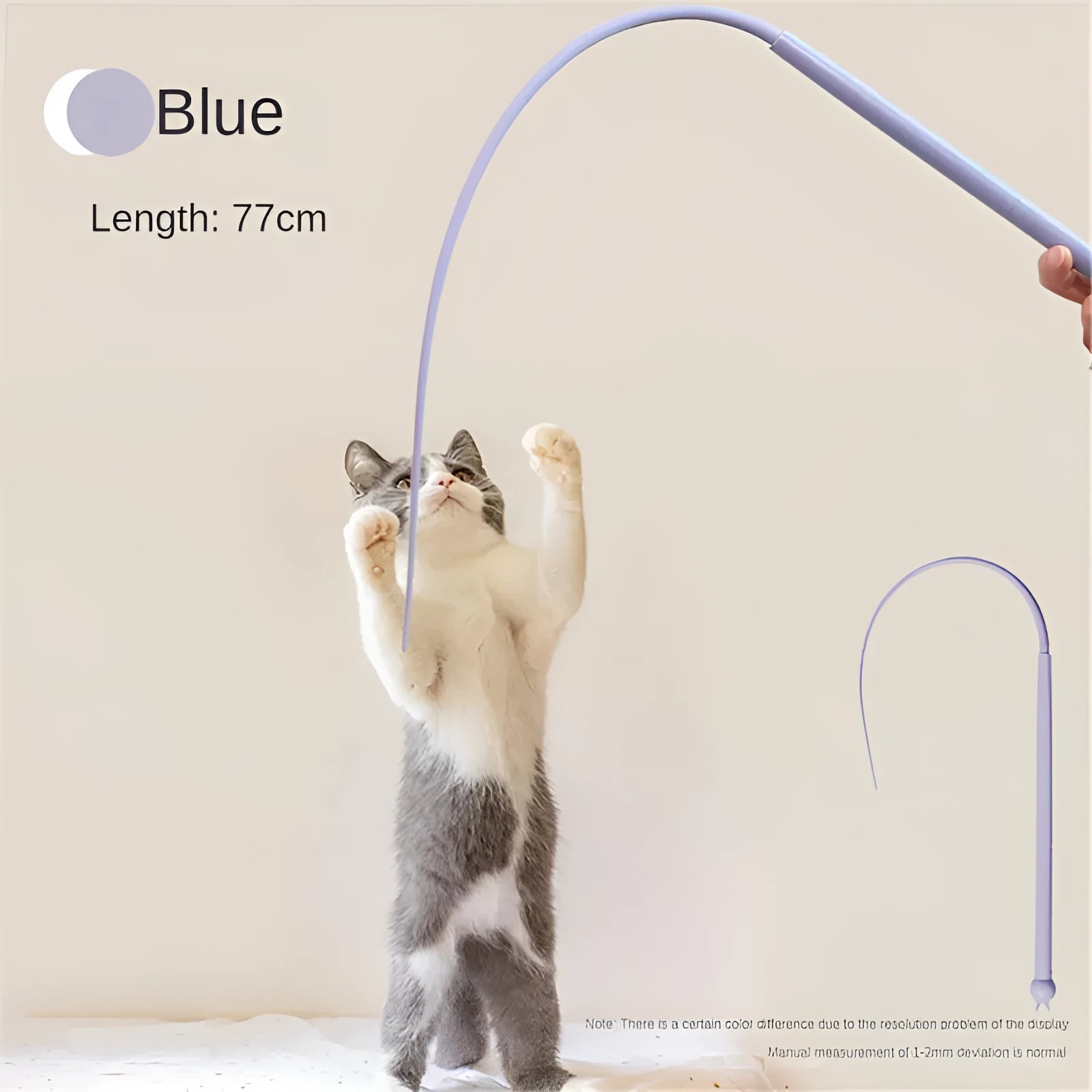 Blue cat teaser wand with silicone mouse tail measuring 80cm length