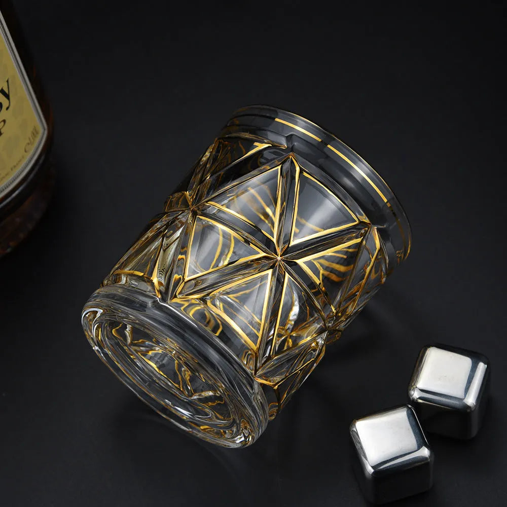 Crystal glass whiskey shot glass with solid gold colour and single-layer build, 340-450ml capacity