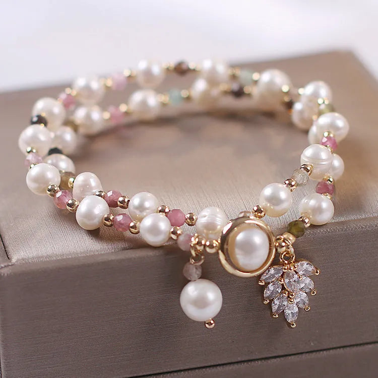 Red cat's eye flowers lucky cat double-layer crystal bracelet for women in ethnic style.