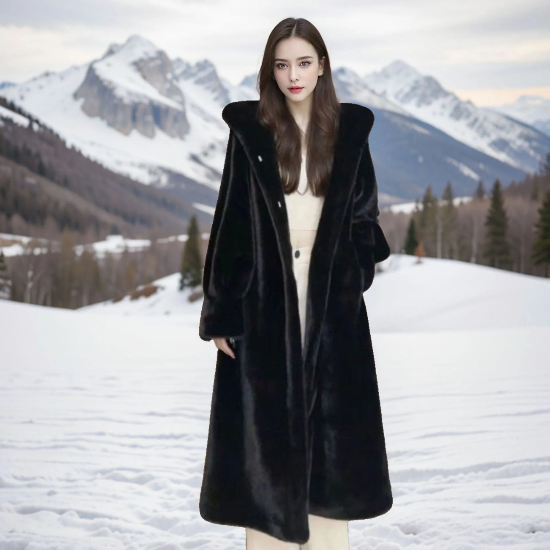 Brown leopard print plus size faux fur coat with extended length and regular sleeves