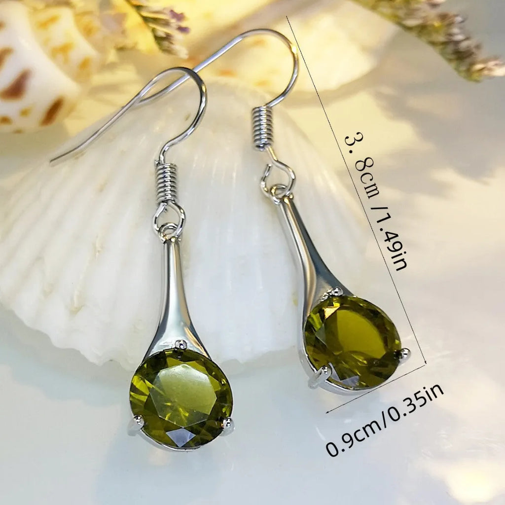 Olive green topaz colour drop-shaped earrings with minimalist retro style design