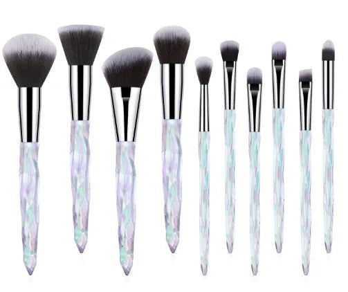 Ten crystal-handle foundation brushes with artificial fibre bristles in black, blue, red, and yellow colour options