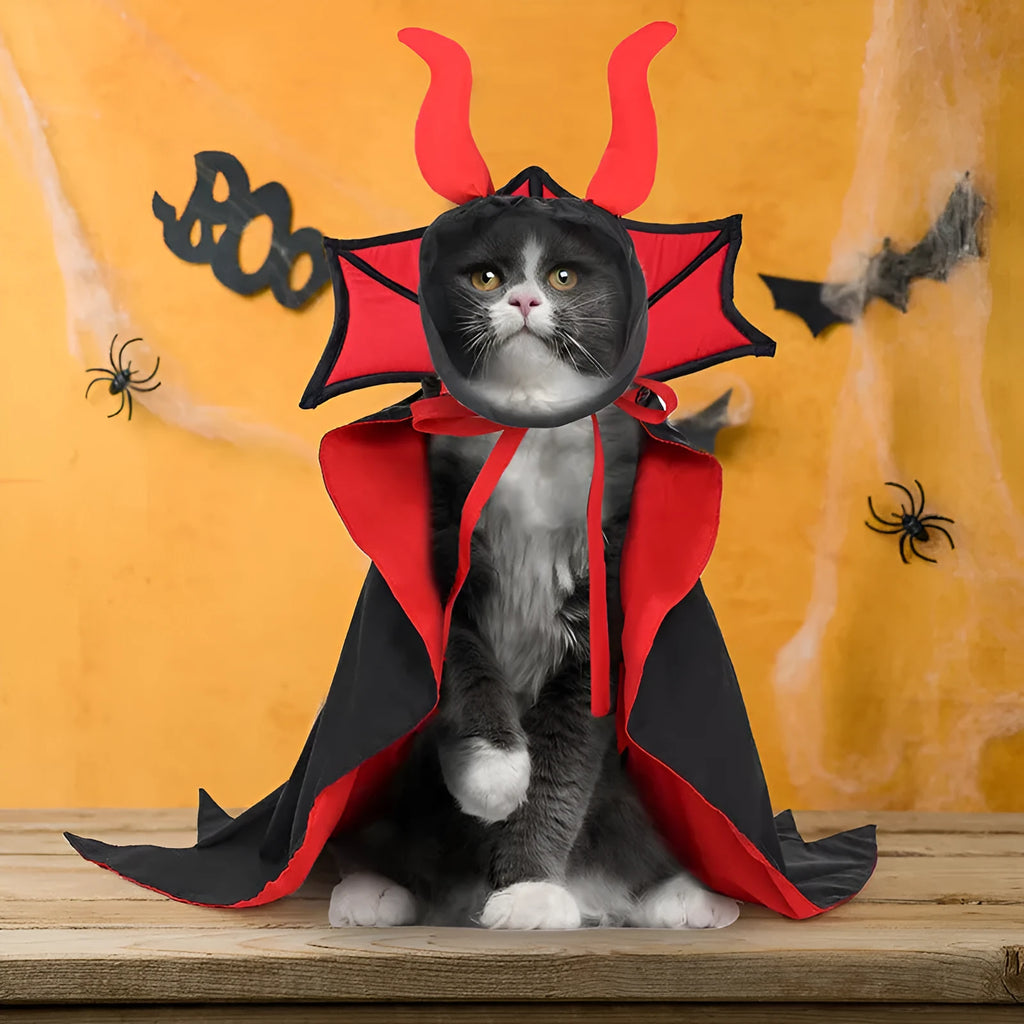 Black polyester vampire cloak and hat pet Halloween costume on a mannequin, size U.