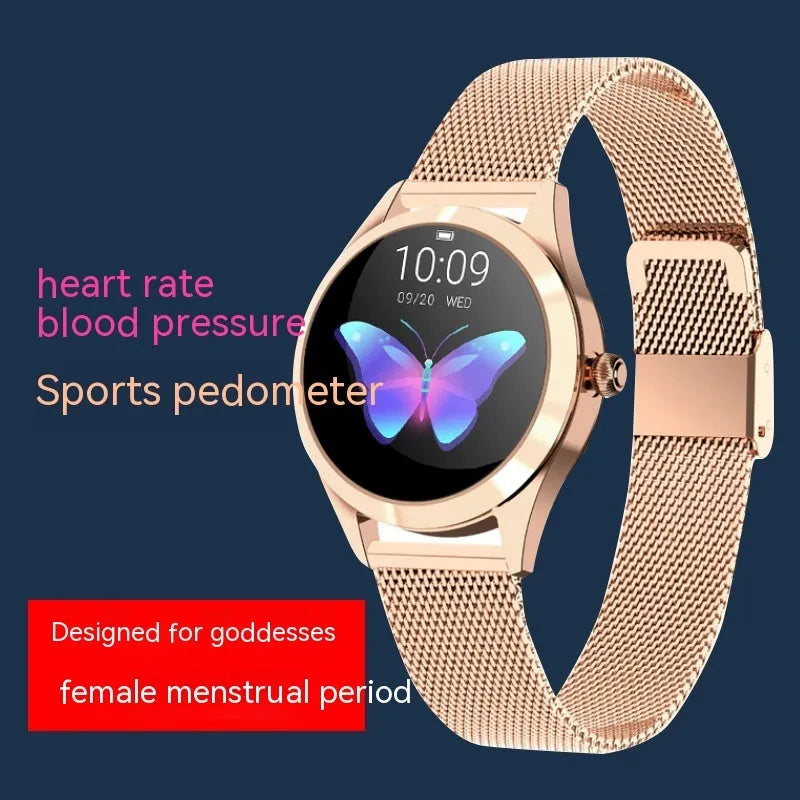 Women's sports smartwatch in black, rose gold, silver, or white with heart rate monitoring display