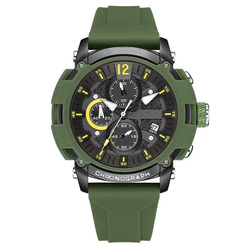 Men's digital quartz watch with calendar display showing black, blue, green, orange and red colour options