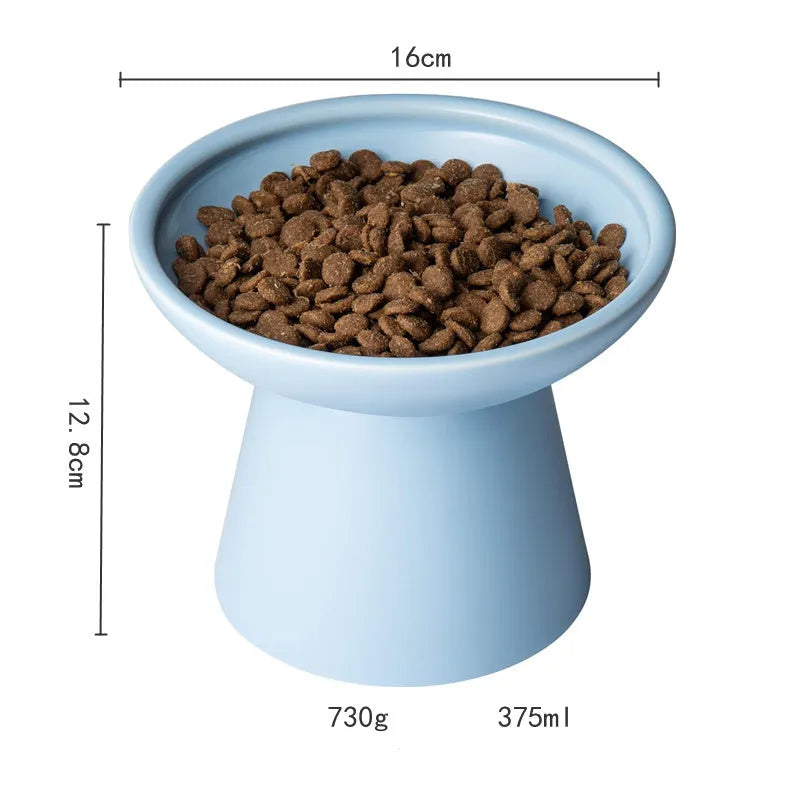 Elevated ceramic cat bowl with wide shallow dish for whisker fatigue prevention