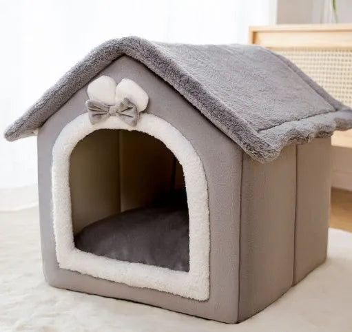 Foldable dog house pet cat bed in cave style with self-warming plush fur and non-slip bottom, available in multiple colours and sizes