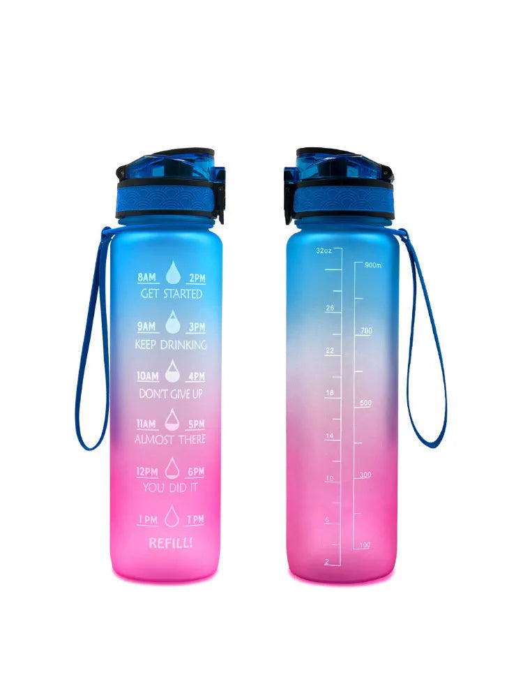 Transparent BPA-free Tritan sports water bottle 1000ml with infuser, clear design, kawaii style, 29.5cm height