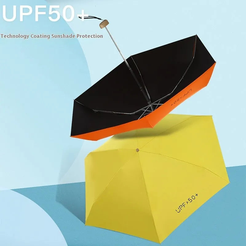 Compact folded five-fold sun umbrella showing NC fabric canopy and rubber handle