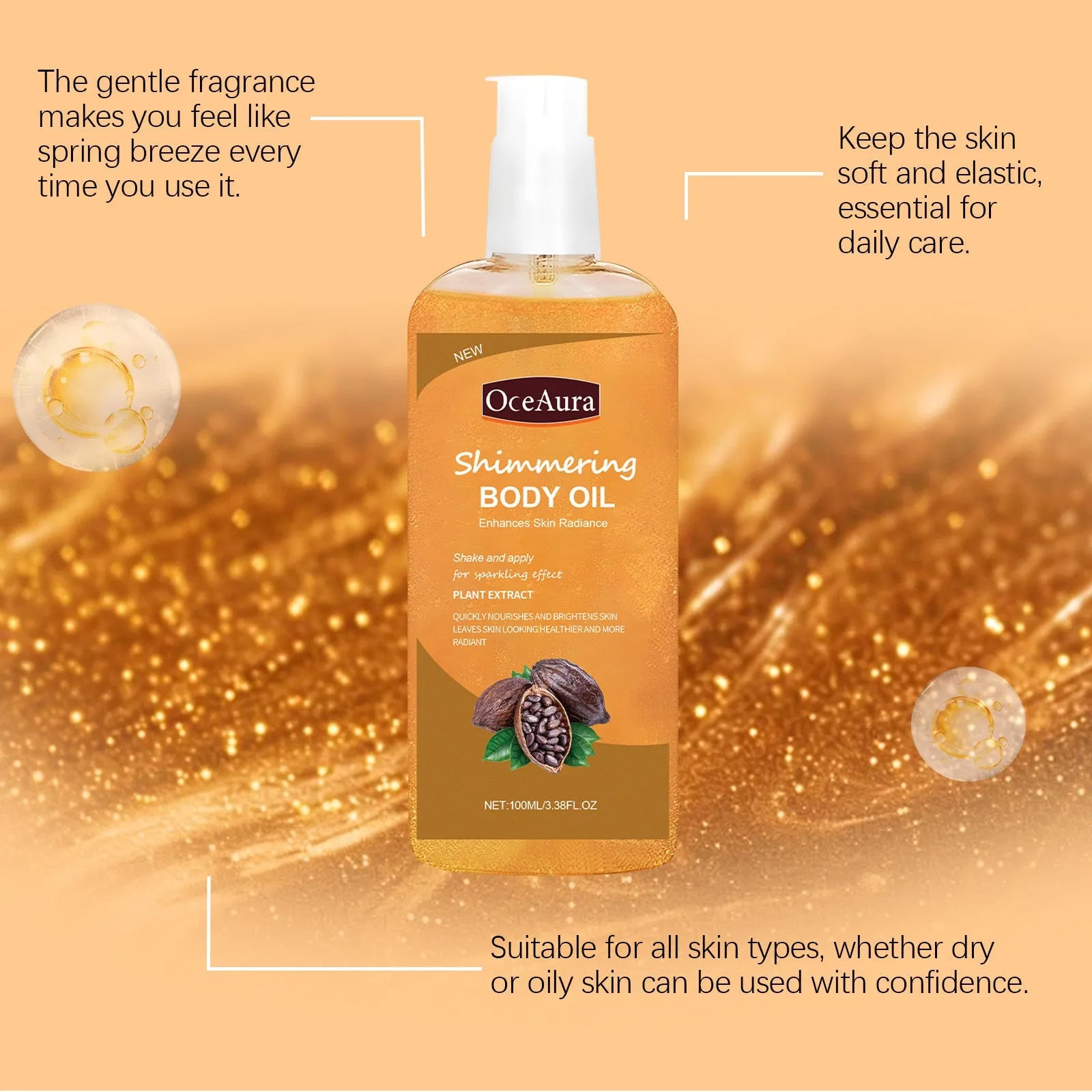 Shiny moisturizing body oil 100ml in plastic bottle with jojoba and vitamin E for daily skin care