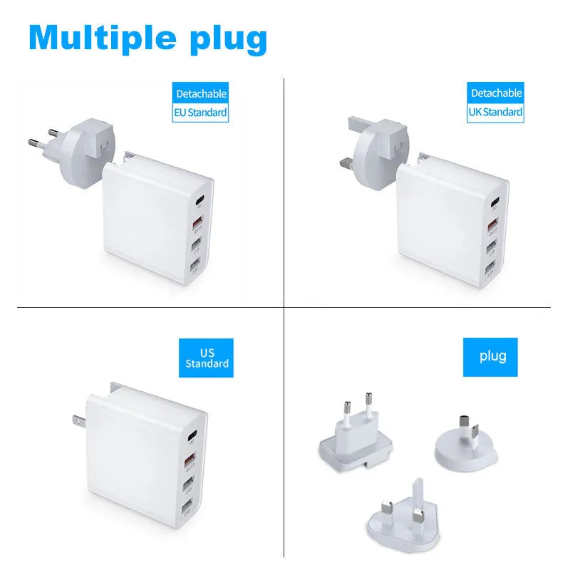 White multi-port fast charger with PD and QC support showing UK plug configuration