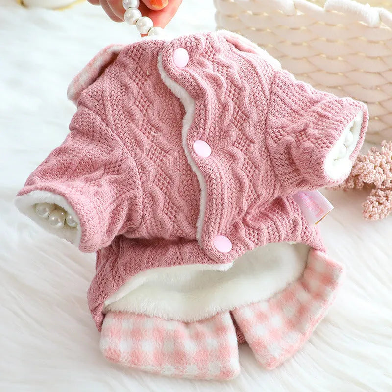 Blue plaid pattern dog sweater with fake two-piece design and fleece lining