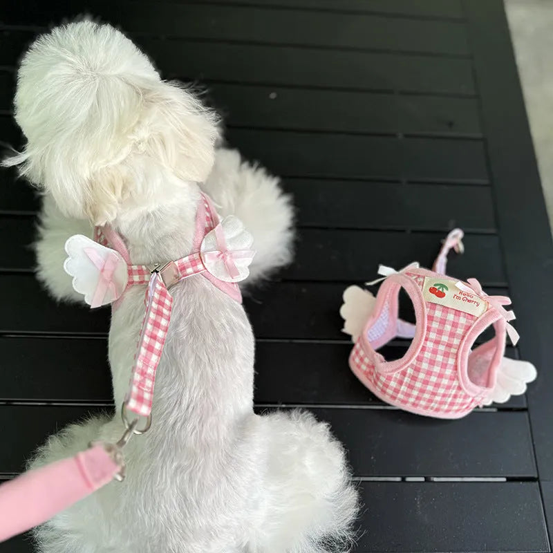 Small dog cotton rope harness with chest and back attachment points in pink or black