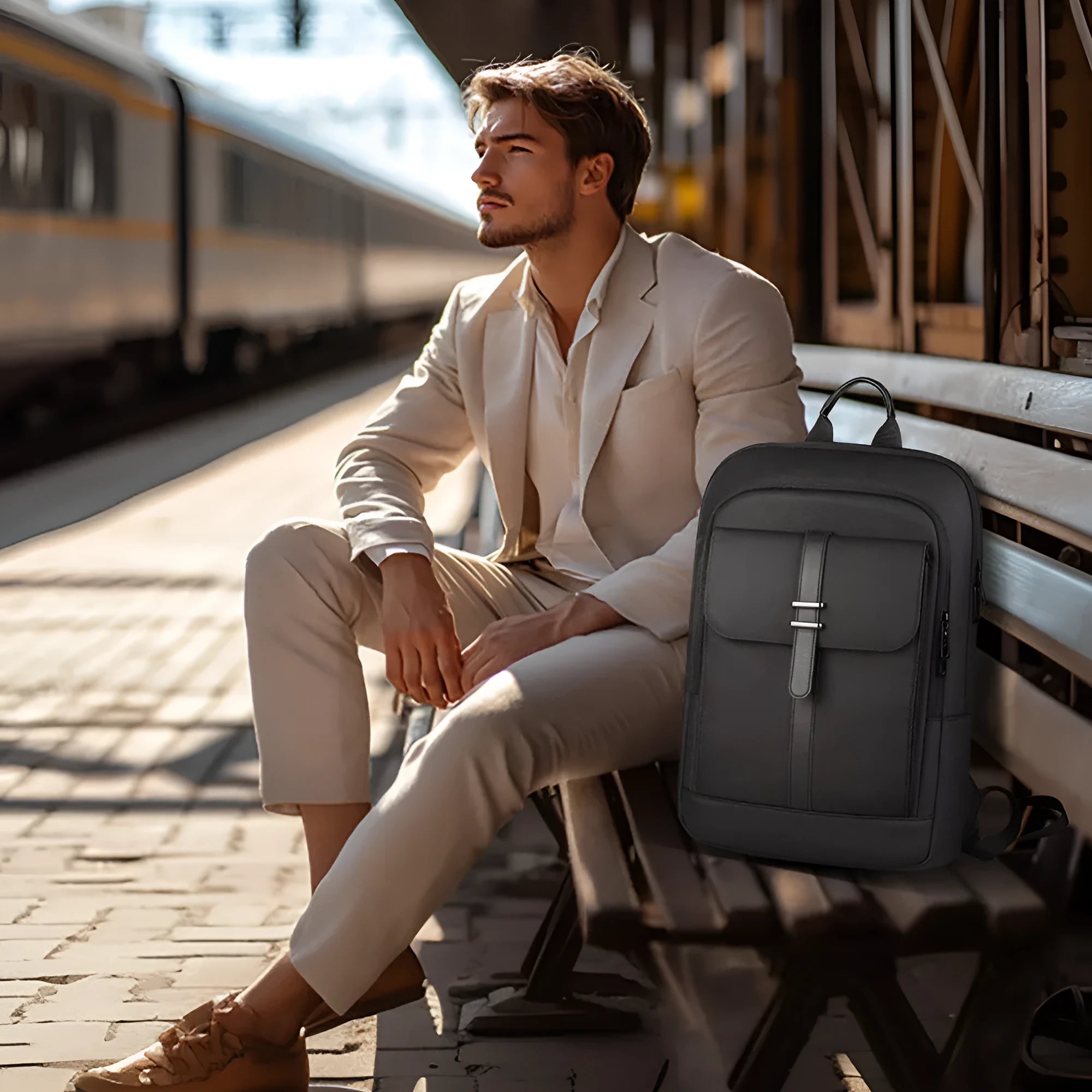 Black lightweight Oxford cloth backpack with visible sewing lines and urban style design
