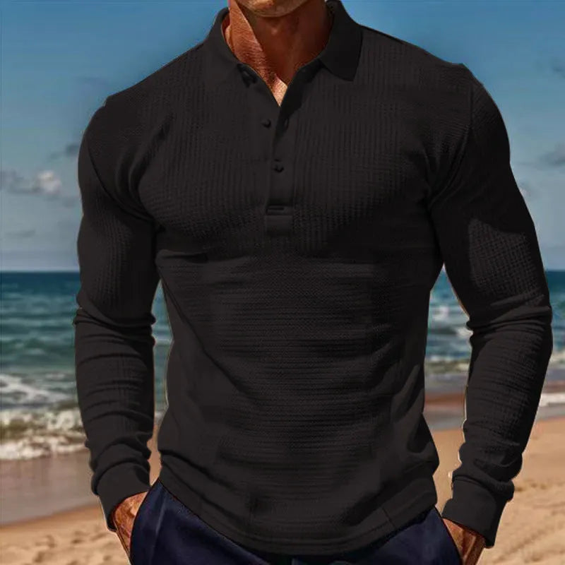 American men's waffle polo collar button long sleeve slim-fit T-shirt in solid colour white on model