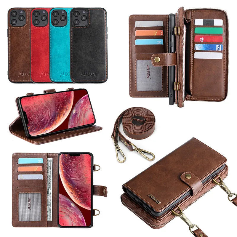 Detachable wallet style phone case with leather flip cover in black, blue, brown, or red colours