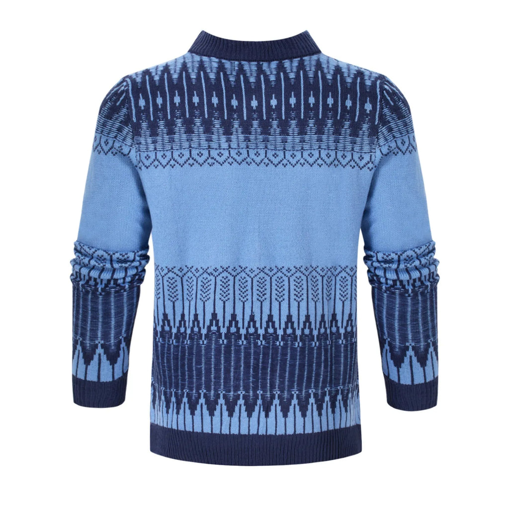 Men's knitted long-sleeve pullover sweater shown in multiple sizes and style variations.