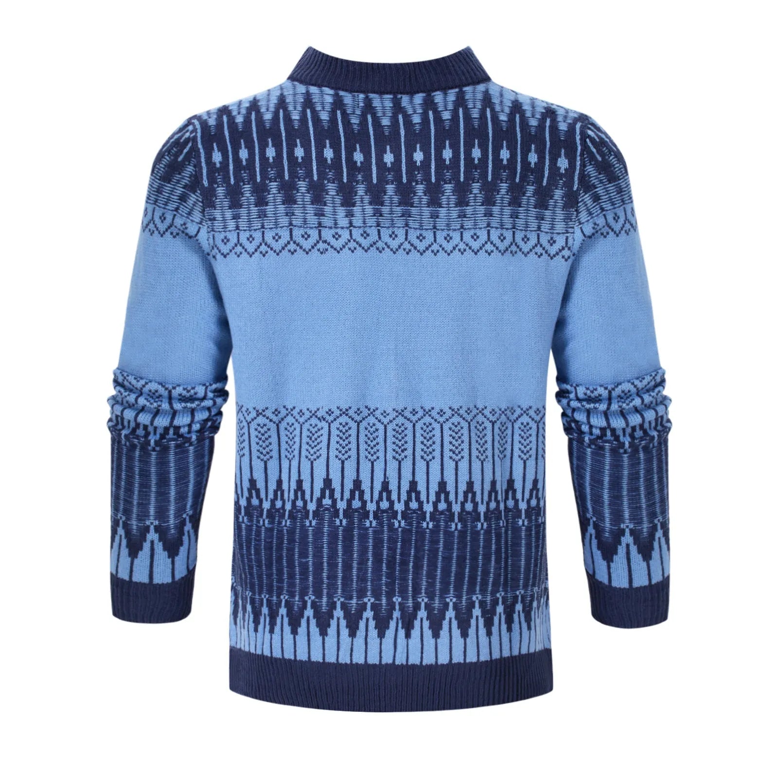 Men's knitted long-sleeve pullover sweater shown in multiple sizes and style variations.