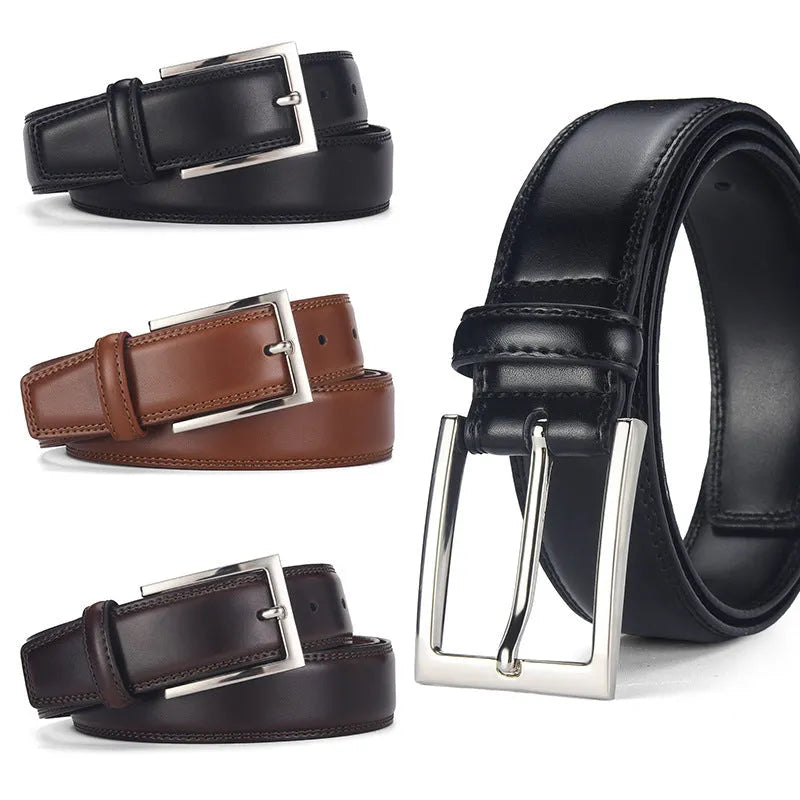 Men's black leather belt with silver pin buckle fastener showing length measurement