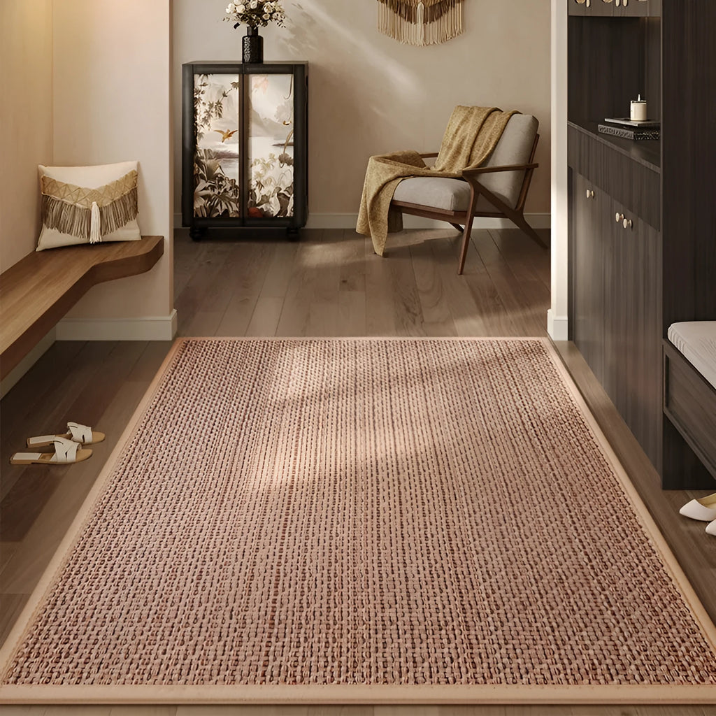 Linen door mat 60x90cm in solid colour with interlacing gray pattern on tiled floor