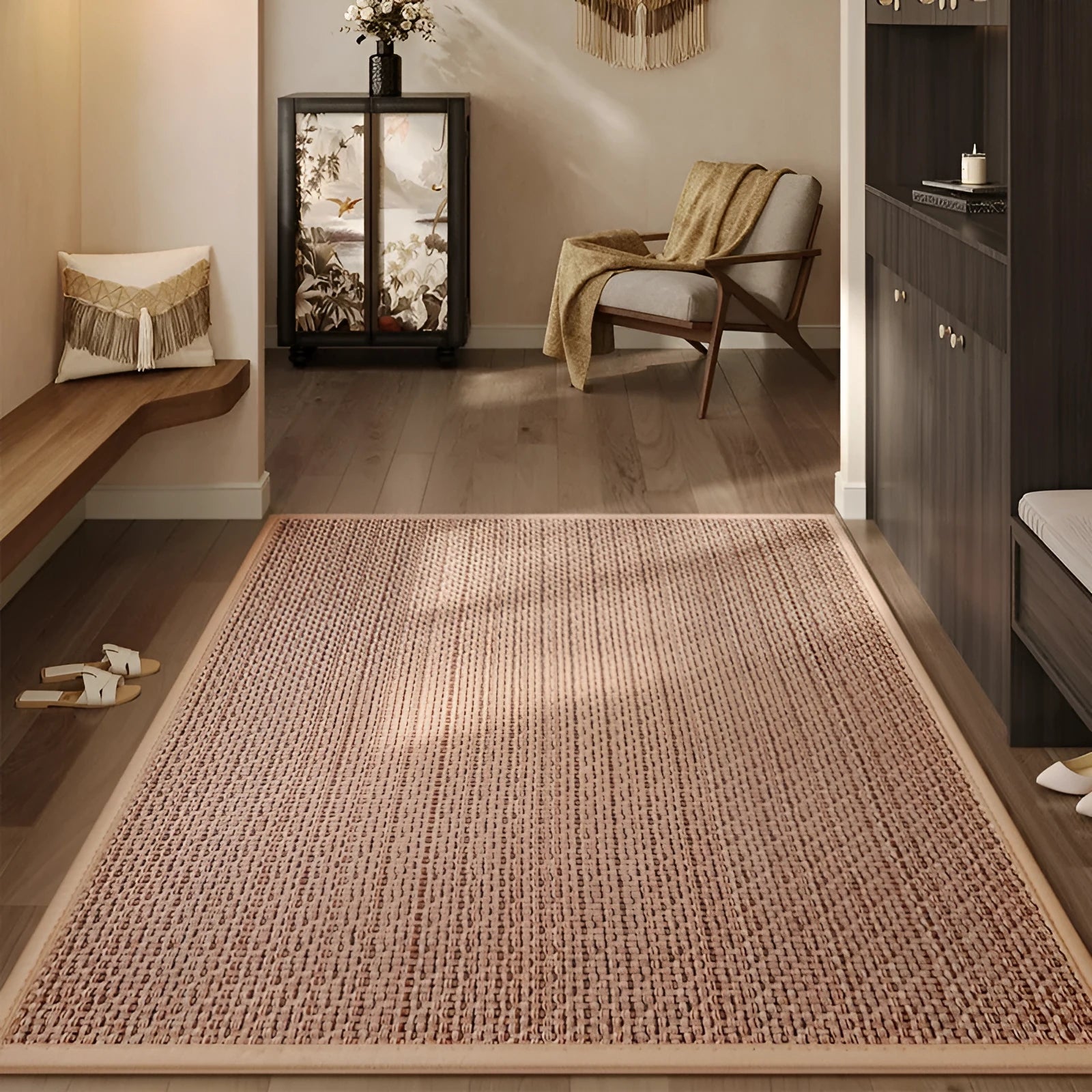 Linen door mat 60x90cm in solid colour with interlacing gray pattern on tiled floor