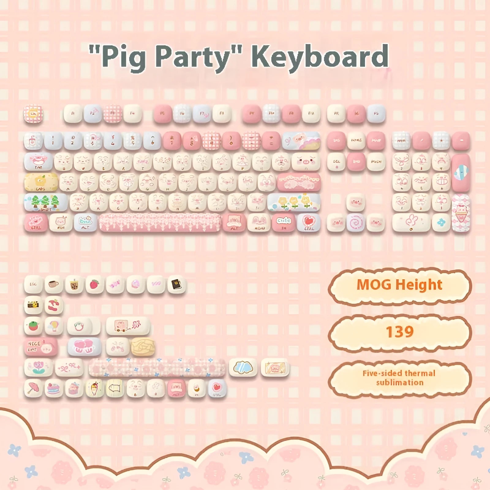 Full set of colourful cartoon pig themed PBT keycaps for mechanical keyboards on a white background.