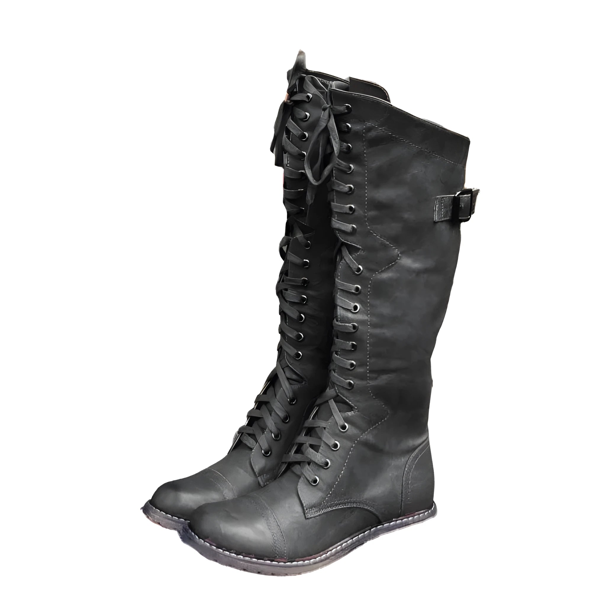 Women's black knee-high boots with a cross strap detail on the shaft, made of artificial PU leather.
