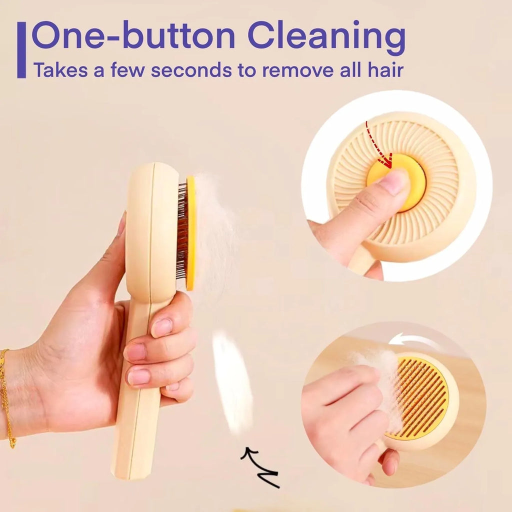 Blue pet grooming brush with self-cleaning button and angled wire needles for cats and dogs